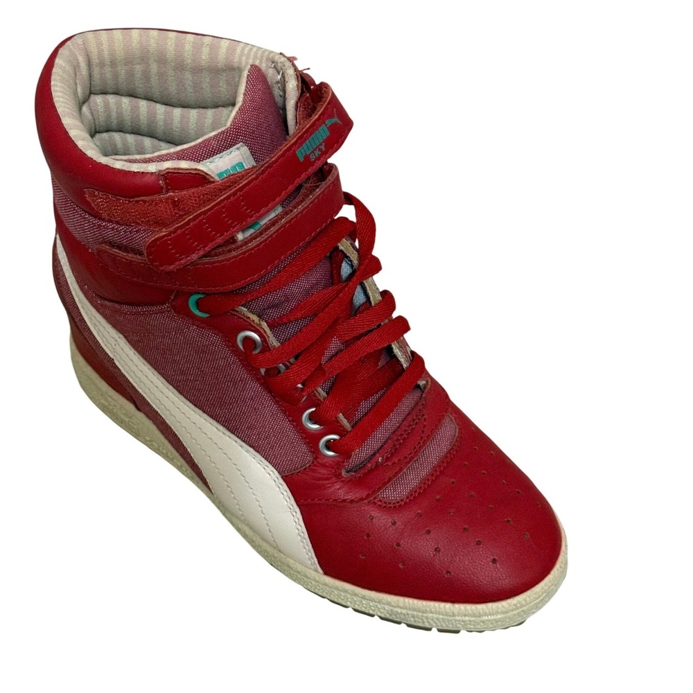 Puma Women Sky Wedge Sneakers 6.5 Red High Top Hidden Heel Straps Retro Sporty